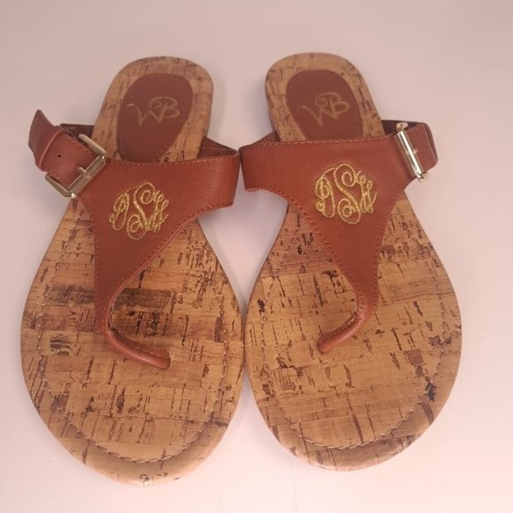 Gold Embroidered Flat Sandal Brown Leather Strap 8